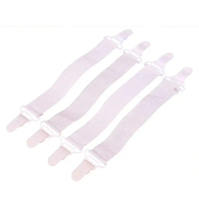 Four bed sheet holders on a white background